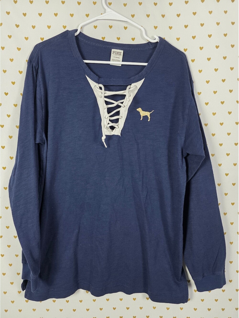Victorias Secret PINK BLING Studded Lace Front Dog Logo long Sleeve Shirt LARGE